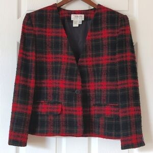 Talbots 80's Vintage Preppy Plaid Wool Blend Tweed Collarless Blazer Jacket 4P